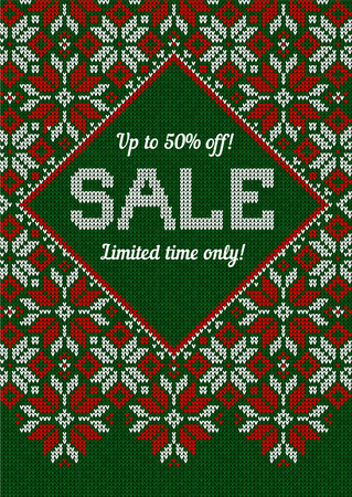 Winter Autumn Christmas Season Frame Border Poster Invitation Flyer Banner Big Sale. Vector illustration knitted background pattern with snowflakes, scandinavian ornaments. White, red, green colorsのイラスト素材