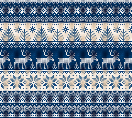 Ugly sweater Merry Christmas Happy New Year Vector illustration knitted background seamless pattern folk style scandinavian ornaments. Wallpaper wrapping paper textile print. White, navy blue colors.のイラスト素材