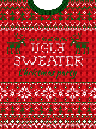 Ugly sweater Christmas party invite. Vector illustration Handmade knitted background pattern with deers? christmas tree and snowflakes, scandinavian ornaments. White, red, green colors. Flat styleのイラスト素材