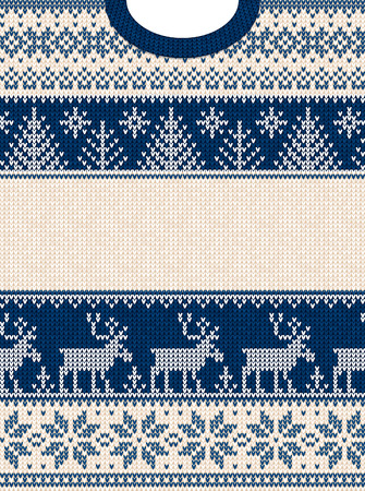 Ugly sweater Merry Christmas and Happy New Year greeting card frame border . Vector illustration knitted background pattern with folk style scandinavian ornaments. White, navy blue colors.のイラスト素材