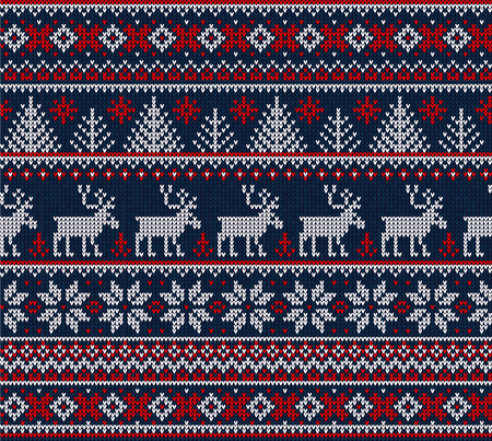 Ugly sweater Merry Christmas Happy New Year Vector illustration knitted background seamless pattern folk style scandinavian ornaments. Wallpaper wrapping paper textile print. White, red, blue colors.のイラスト素材