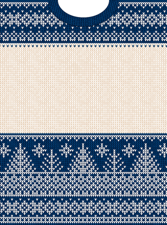 Ugly sweater Merry Christmas and Happy New Year greeting card frame border . Vector illustration knitted background pattern with folk style scandinavian ornaments. White, navy blue colors.のイラスト素材