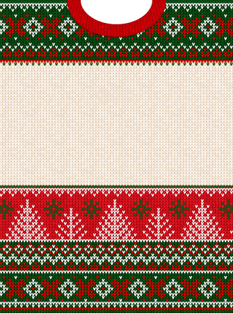 Ugly sweater Merry Christmas and Happy New Year greeting card frame border . Vector illustration knitted background seamless pattern with folk style scandinavian ornaments. White, red, green colors.のイラスト素材