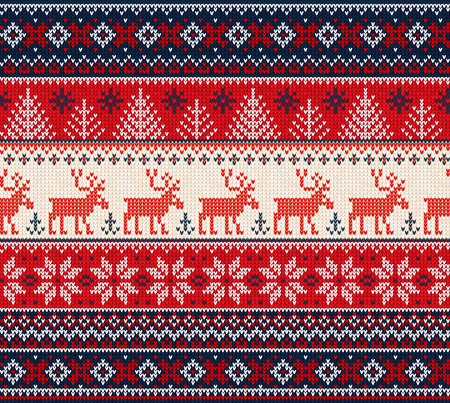 Ugly sweater Merry Christmas Happy New Year Vector illustration knitted background seamless pattern folk style scandinavian ornaments. Wallpaper wrapping paper textile print. White, red, blue colors.のイラスト素材