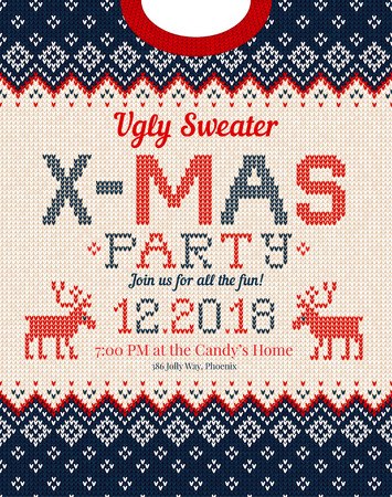 Ugly sweater -mas Christmas party invite. Vector illustration Handmade knitted background pattern with deers christmas tree and snowflakes, scandinavian ornaments. White, red, green colors.のイラスト素材