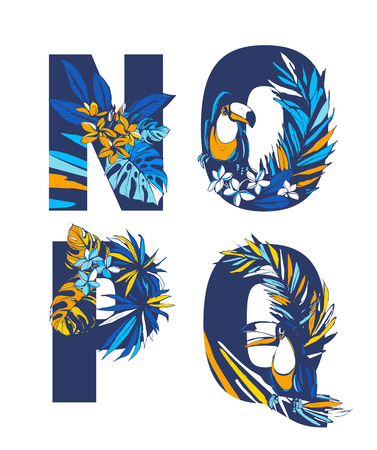 Decorative set floral tropical tropic pattern letter alphabet abc font. Lettering hand drawn beach palm leaves birds flowers ornament. Vector grunge orange blue illustration t-shirt print. N, O, P, Qのイラスト素材