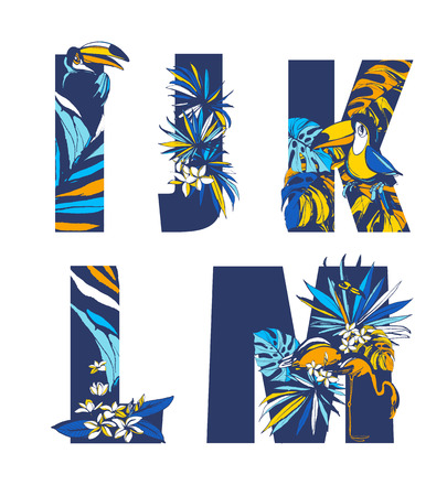Decorative set floral tropical tropic pattern letter alphabet abc font. Lettering hand drawn beach palm leaf birds flowers ornament. Vector grunge orange blue illustration t-shirt print. I, J, K, L, Mのイラスト素材