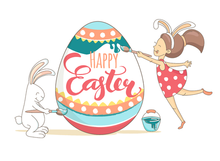 Funny cute colorful greeting Happy Easter card with girls and white easter bunny painting Easter egg. Doodle outline thin line style vector illustration on white backgroundのイラスト素材