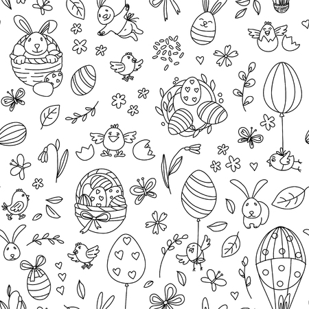 Funny Happy Easter seamless pattern background greeting card with rabbit, bunny, chicks and flowers, basket, easter eggs hunt . Vector Illustration doodle kids style design.の写真素材