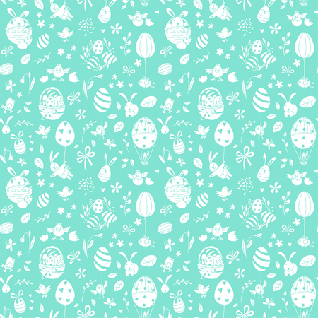 Funny Happy Easter seamless pattern background greeting card with rabbit, bunny, chicks and flowers, basket, easter eggs hunt . Vector Illustration doodle kids style design.の写真素材