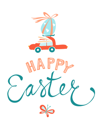 Funny cute colorful greeting Happy Easter card with Easter eggs, red car and fective lettering. Doodle outline thin line style vector illustration on white backgroundのイラスト素材