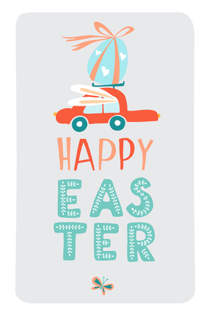 Funny cute colorful greeting Happy Easter card with Easter eggs, red car and fective lettering. Doodle outline thin line style vector illustration on white backgroundのイラスト素材