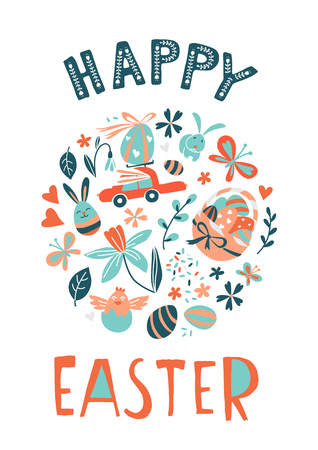 Funny Happy Easter greeting card background with rabbit, egg balloons, bunny, chicks and flowers, easter basket, children's game easter eggs hunt . Vector Illustration kids cartoon style design.のイラスト素材