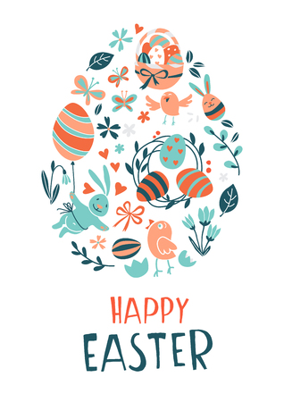 Funny Happy Easter greeting card background with rabbit, egg balloons, bunny, chicks and flowers, easter basket, children's game easter eggs hunt . Vector Illustration kids cartoon style design.のイラスト素材