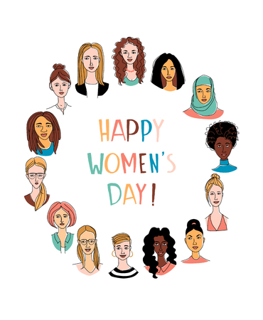 Decorative woman's head poster Girl Power Feminist Happy International Women's Day. Hand drawn spring grunge line drawing doodle colored vector illustration greeting cardのイラスト素材