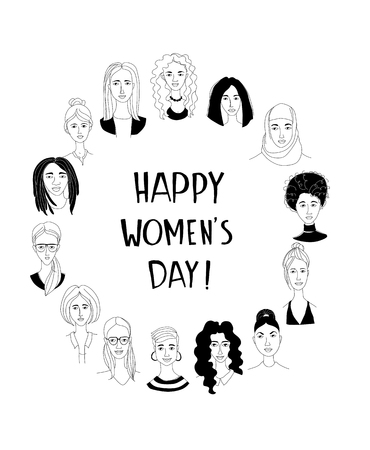 Decorative woman's head poster Girl Power Feminist Happy International Women's Day. Hand drawn spring grunge line drawing doodle black and white vector illustration greeting cardのイラスト素材