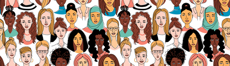 Decorative woman's head seamless pattern background Girl Power Feminist Happy International Women's Day. Hand drawn spring grunge line drawing doodle colored vector illustration greeting card posterのイラスト素材