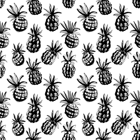 Vector illustration Tropical jungle beach party floral seamless pineapple ananas pattern background. Black and white print, grunge style designのイラスト素材