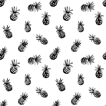Vector illustration Tropical jungle beach party floral seamless pineapple ananas pattern background. Black and white print, grunge style designのイラスト素材