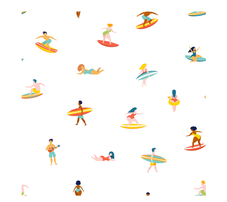 Surfing guys and girls on the surf boards catching waves in the sea ocean. Men and women with surfboards on the beach wearing shorts vector illustration cartoon clipart seamless pattern backgroundのイラスト素材