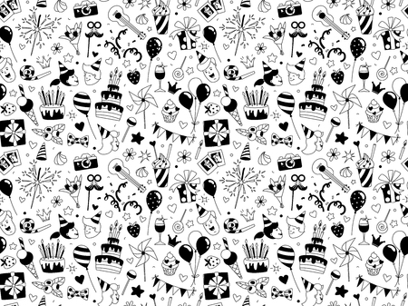 Happy Birthday lettering thin line seamless pattern festive background. Congratulations wishes vector illustration. B-day party kids boys girls clipart. Anniversary celebration greeting card templateのイラスト素材