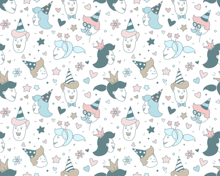 Happy Birthday lettering thin line seamless pattern festive background. Congratulations wishes vector illustration. B-day party kids boys girls clipart. Anniversary celebration greeting card templateのイラスト素材