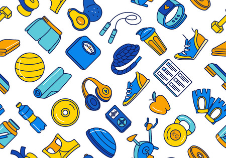 Vector illustration blue, orange, yellow thin line Sport, fitness, functional training background seamless hand drawn doodle icons style pattern. Gym sport objects: workout, tabata, cross fit, yogaのイラスト素材