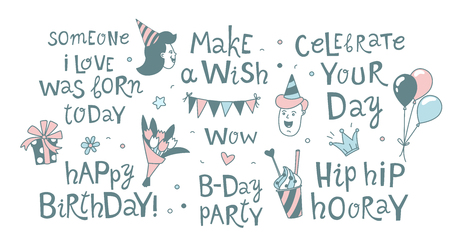 Happy Birthday lettering calligraphy set festive background. Congratulations wishes vector illustration. B-day party kids boys girls clipart. Anniversary celebration greeting card poster templateのイラスト素材