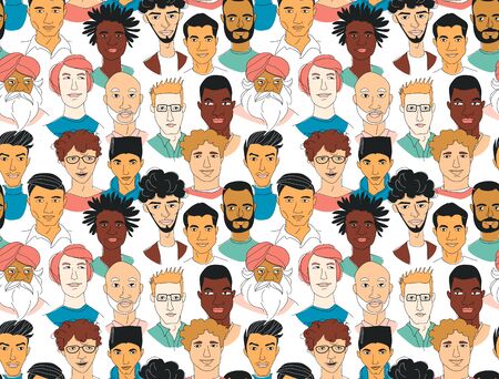 Decorative diverse men's head seamless pattern background Happy Father's Day, International students, Gay Pride. Hand drawn grunge line drawing doodle black and white vector illustration posterのイラスト素材