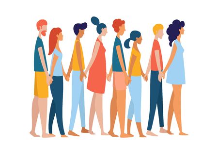 Different multiethnic women and men group crowd holding hands together. Multiethnic gruop of people. Rainbow colored pattern, border, frame vector illustration poster flat styleのイラスト素材