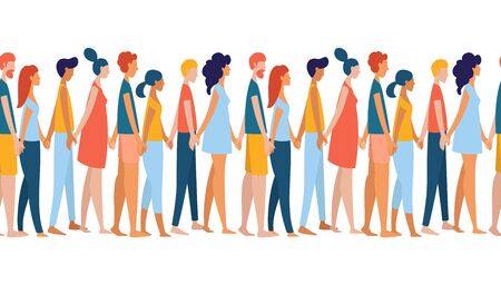 Different multiethnic women and men group crowd holding hands together. Multiethnic gruop of people. Rainbow colored Seamless pattern, border, frame vector illustration poster flat styleのイラスト素材