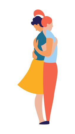 Happy couple family boyfriend and girlfriend hugging and kissing dating and supporting together. Multiethnic lovers. Rainbow colored vector illustration poster flat styleのイラスト素材