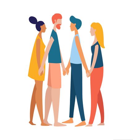 Four different women and men polyamorist gay homosexual lesbian holding hands together. Multiethnic gruop of lovers. Rainbow colored vector illustration poster flat styleのイラスト素材