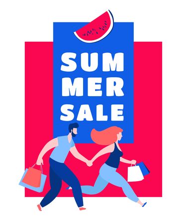 Woman and man running with purchase buy paper bags . Summer sale discount black friday start . Blue, pink, red colors on white background. Vector illustration flat style.のイラスト素材