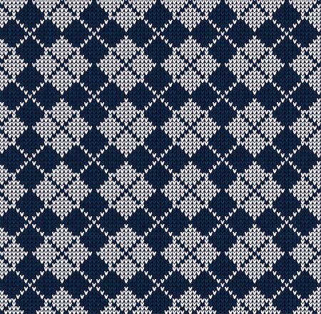 Winter Christmas x-mas knit seamless background Knitted pattern. Winter Checkered tartan plaid knitting. Flat style design. White, blue coloursのイラスト素材