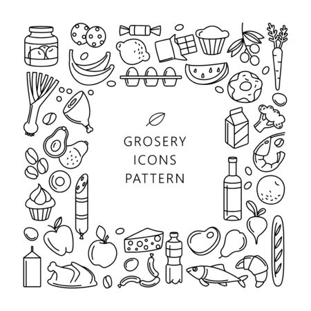 Supermarket grosery store food, drinks, vegetables, fruits, fish, meat, dairy, sweets market products goods thin line icons background pattern. Vector illustration frame border in linear simple style.のイラスト素材