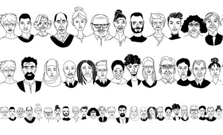 Womens mens head portraits line drawing doodle poster seamless borderのイラスト素材