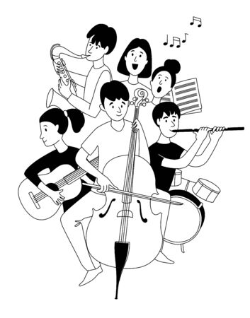 Music school orchestra concert students musical instruments doodles line posterのイラスト素材