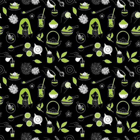 Japanese ceremony with Matcha. Eastern Girl woman drinking tea. Hands holding tea items. Matcha latte take away. Vector illustration doodles, seamless background pattern in thin line art sketch styleのイラスト素材
