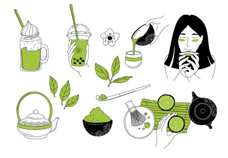 Japanese ceremony with Matcha. Eastern Girl woman drinking tea. Hands holding tea items. Matcha latte take away. Flat lay top view. Vector illustration doodles, set in thin line art sketch styleのイラスト素材