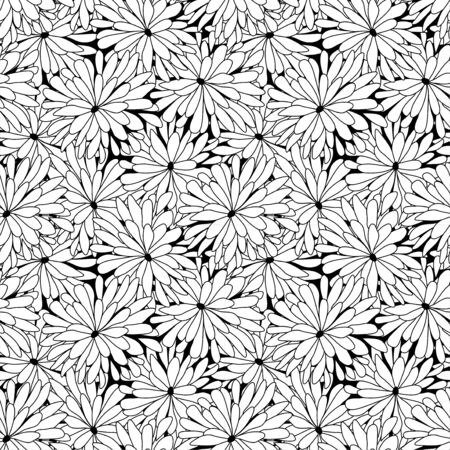 Vector illustration doodles in thin line art sketch style seamless pattern chrysanthemum. Black and whiteのイラスト素材