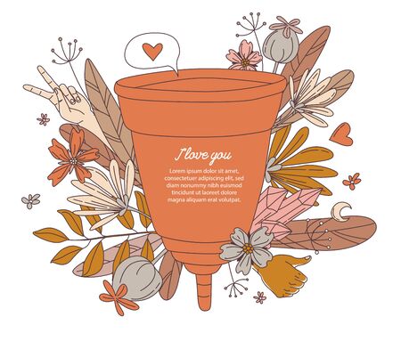 Women's hygiene supplies for menstruation: menstrual cup with floral flowers pattern background. Vector illustration pattern background doodle icons in thin line art sketch styleのイラスト素材
