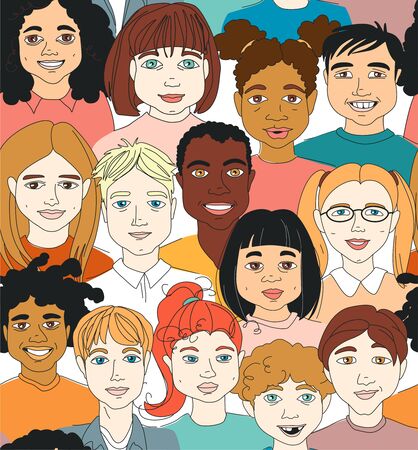 Diverse Kid's Children's head diversity seamless pattern background. Hand drawn line drawing doodle vector illustration posterのイラスト素材