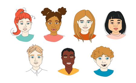 Set of Diverse Kid's Children's head diversity . Hand drawn line drawing doodle vector illustration posterのイラスト素材