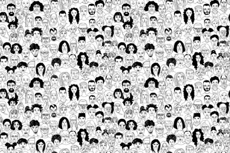 Young, middle age, senior adult women's men's children's seamless pattern background. Diversity multiracial, multiethnic crowd group people. Hand drawn line drawing doodle vector illustration posterのイラスト素材
