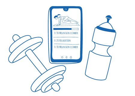 App application for a workout on a smartphone, dumbbells and a bottle of water. Vector illustration doodles, thin line art sketch style conceptのイラスト素材