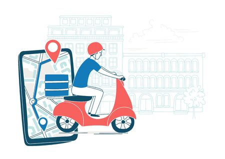 Mobile app with a navigator to track the courier delivering food from the restaurant by scooter. The background of the urban landscape.のイラスト素材