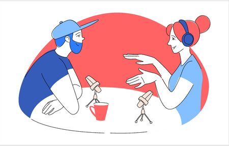 Radio host with table flat vector illustration. Media hosting doodle drawing. Podcaster interview speaking to mic microphone, broadcaster at workspace isolated cartoon character. Thin line flat styleのイラスト素材