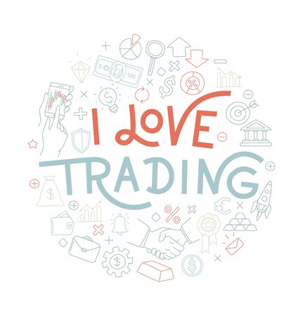 Trading exchange round pattern background. I love trading handwritten lettering. Vector illustration doodles, thin line art sketch style conceptのイラスト素材