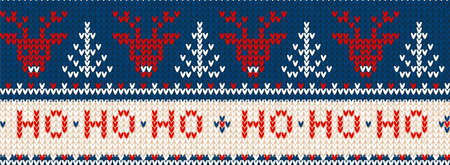 Ugly sweater Merry Christmas party ornament. Vector illustration Handmade knitted background seamless pattern with deer, christmas tree, snowflake, scandinavian ornament.のイラスト素材